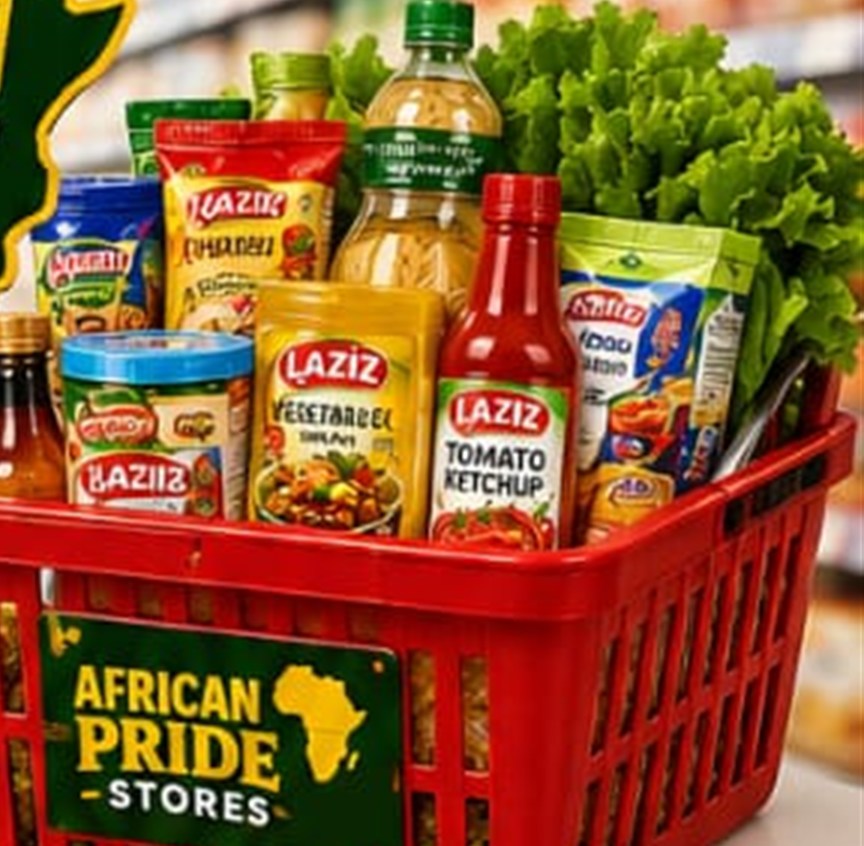 An African Pride Stores basket filled with cooking oil, tomato ketchup, seasoning and fresh vegetables